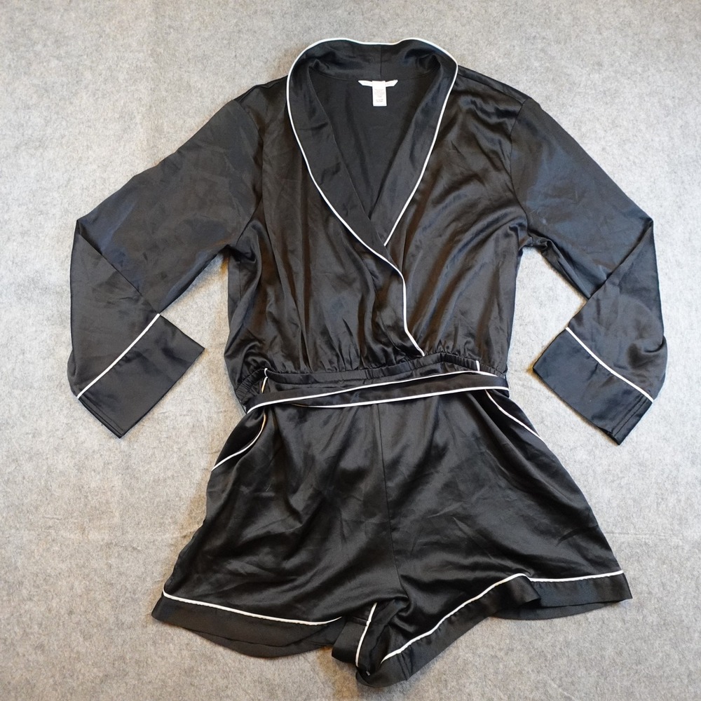 Victoria Secret Pajama Romper Women Extra Large Black Satin Long Sleeve Belted